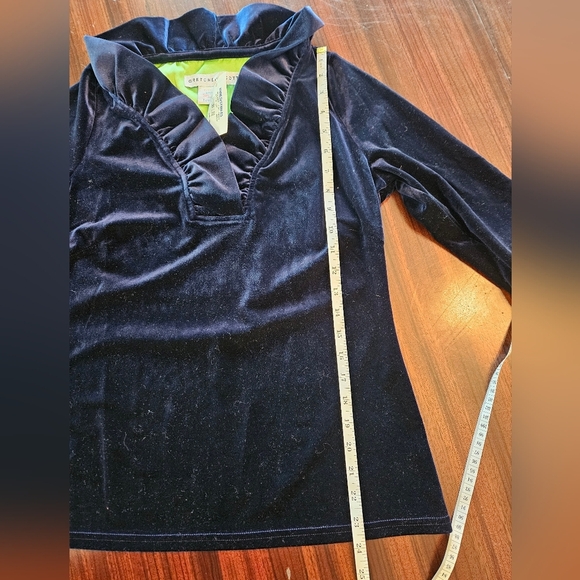 Gretchen Scott Ruffle V-neck 3/4 Sleeve Velvet Tunic Top Navy Sz S NWT Boho - Picture 9 of 10